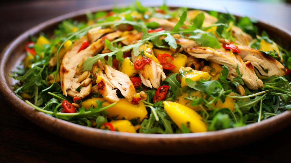 Smoked chicken salad with mango and arugula