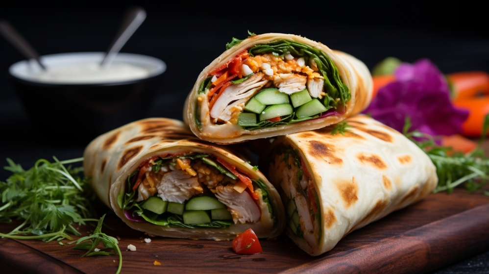 Stuffed egg wrap with chicken and fresh vegetables