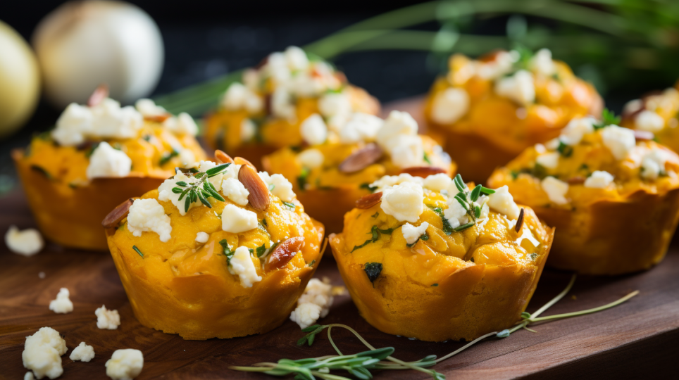 Savory pumpkin muffins with goat cheese, chives and serrano ham