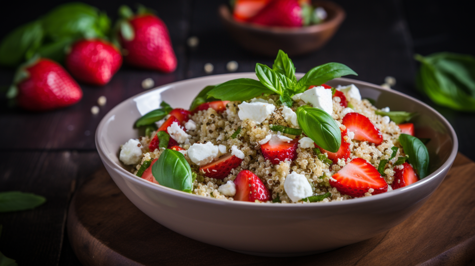 Quinoa salad with mozzarella, strawberries and basil