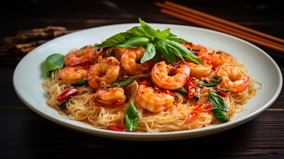 Rice noodles with shrimp, fresh mint and soy sauce