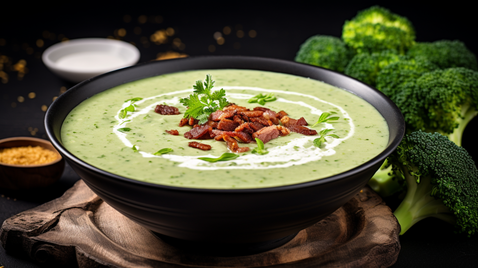 Fresh broccoli soup with smoked chicken