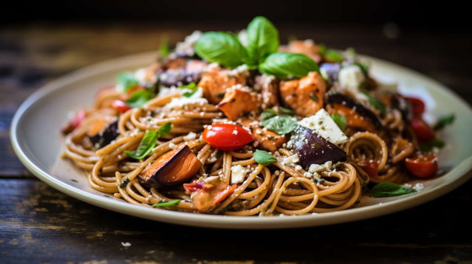 Whole wheat spaghetti with salmon, eggplant and goat cheese